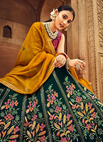 Wonderful Floral Embroidered Bottle Green Georgette Lehenga